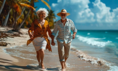 Senior citizens holding hands on a beach