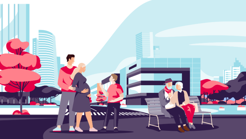 street scene featuring stages of life
