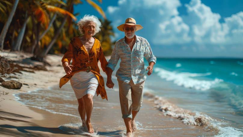 Senior citizens holding hands on a beach