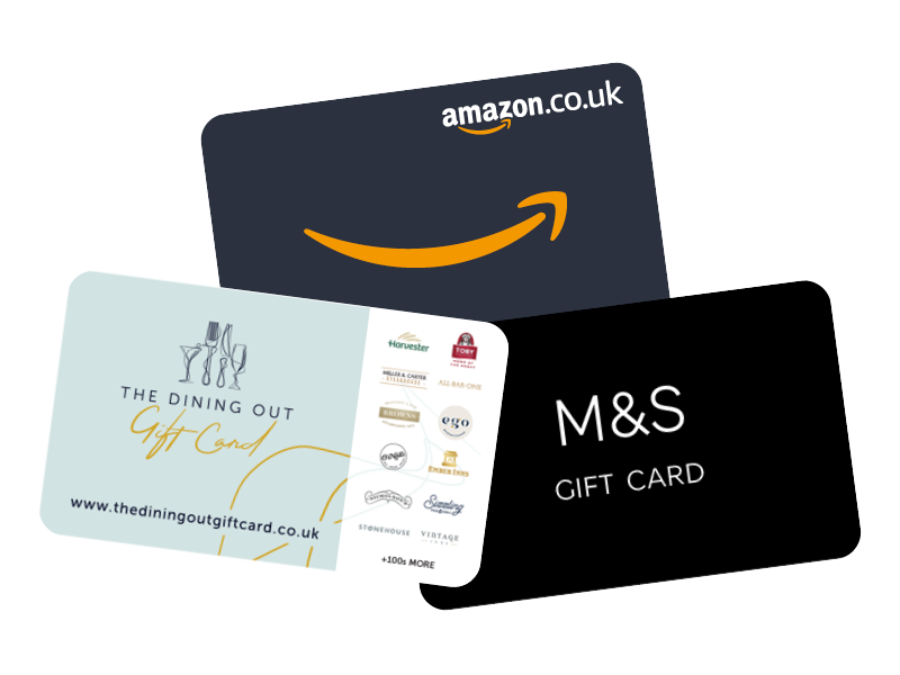 a stack of gift cards including Dining Out, M&S and Amazon.co.uk
