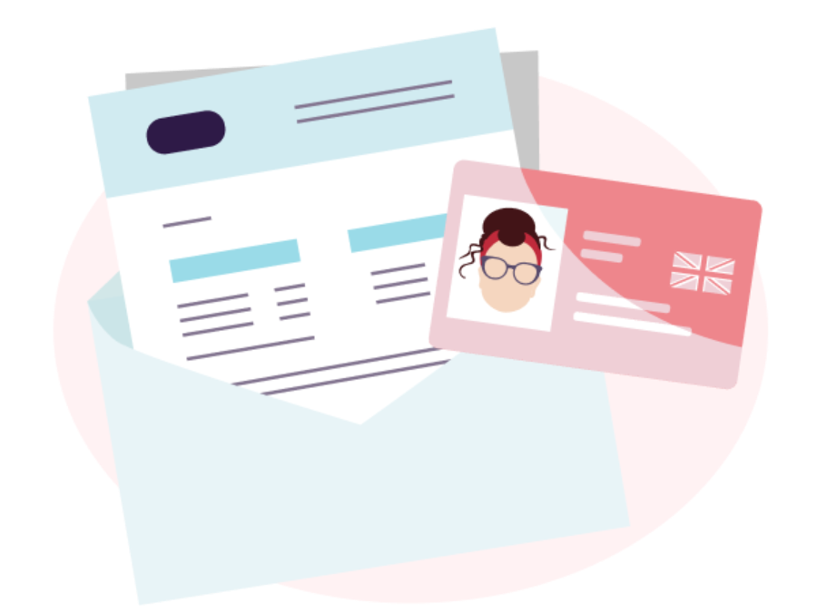 Illustration of driving licence and renewal forms sat inside an unsealed envelope