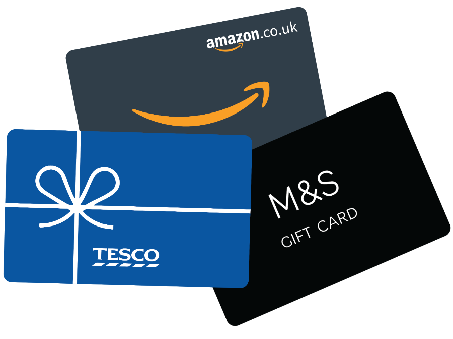 a stack of gift cards including Tesco, M&S and Amazon.co.uk