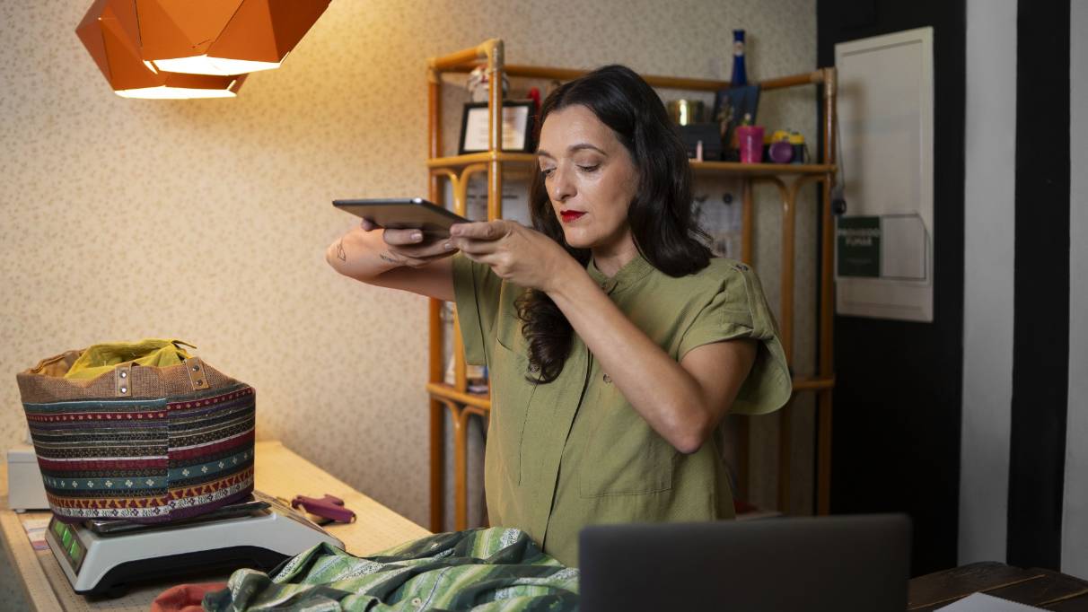 A person standing at a counter takes a photo of a patterned bag using a tablet, with folded clothes and a laptop nearby in a well-lit indoor setting