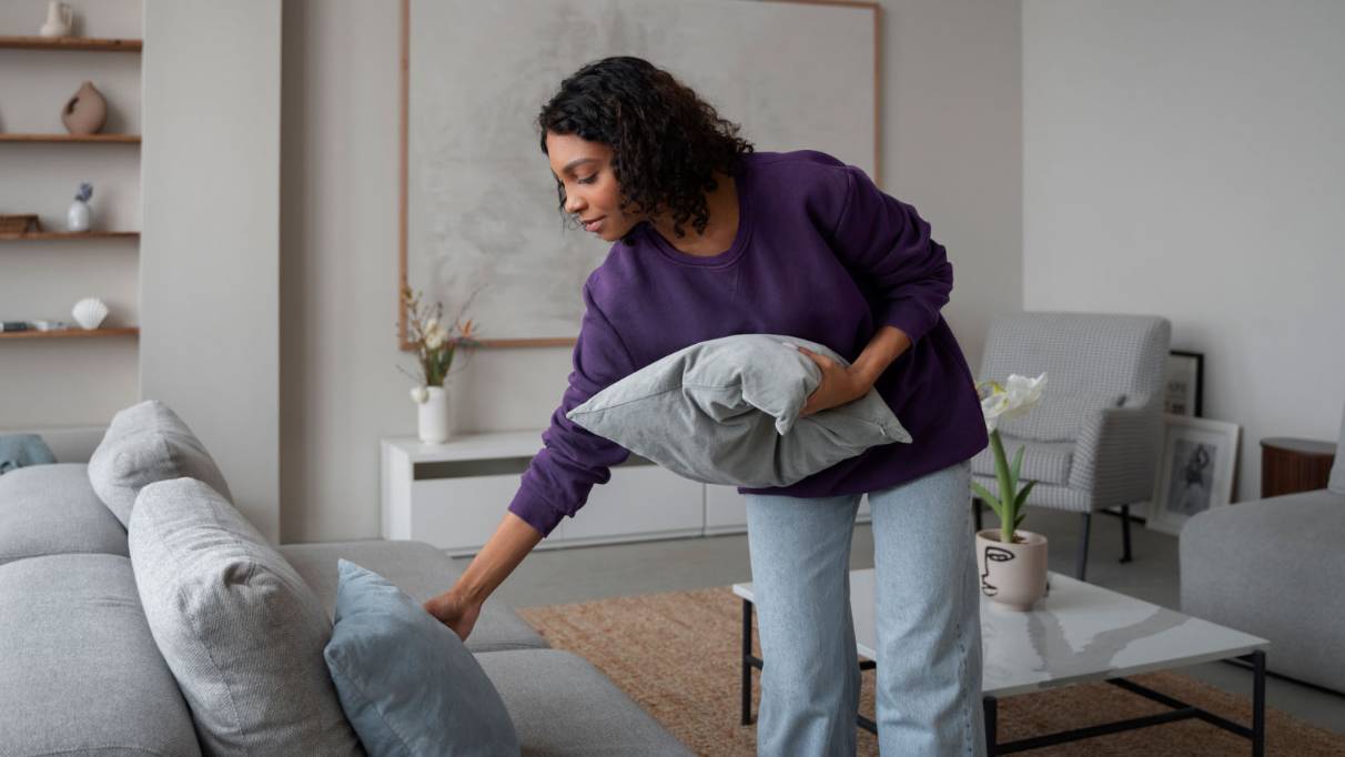 a person decluttering a sofa with too many pillows
