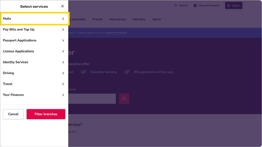 A list of services is shown with ‘Mails’ at the top, highlighted in red. In the sequence we’re illustrating, this is the option to select.
