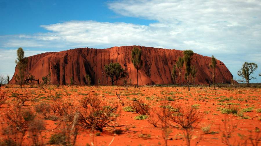 The towering, orangey-brown rocky bulk of Uluru stands high above a bright orange landscape sparsely populated with dried shrubs and a few trees