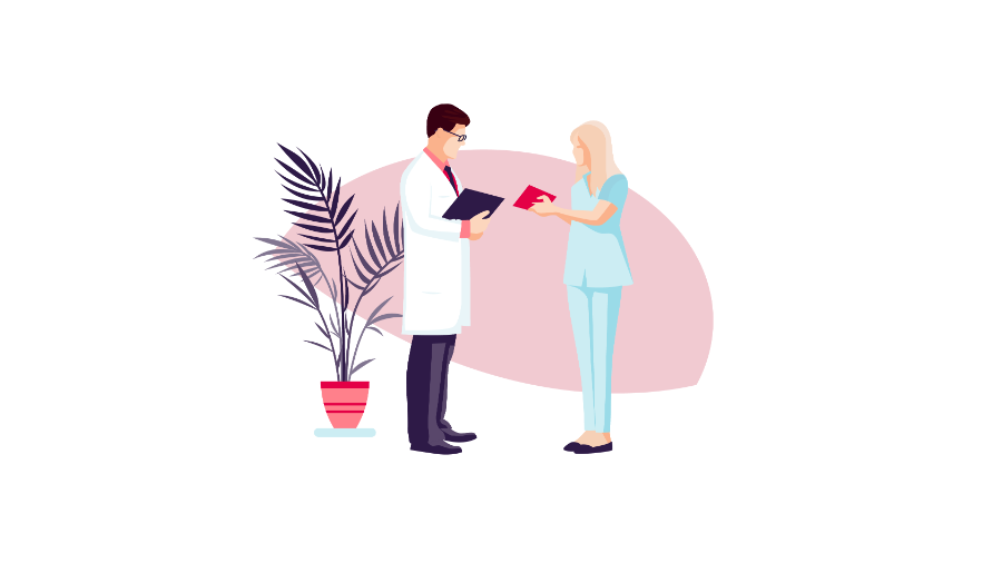 a doctor and a nurse talking in a hospital corridor