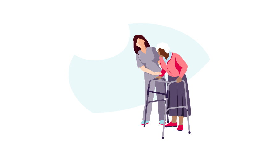 a person helps an elderly woman walk with a zimmer frame