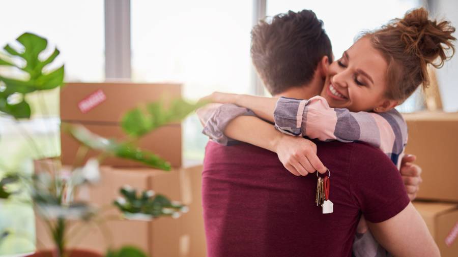 couple hugging with boxes and a plant nearby