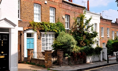 street view of houses with trees and street lamp