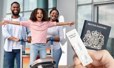 a family at the airport looking very excited. passport and covid test