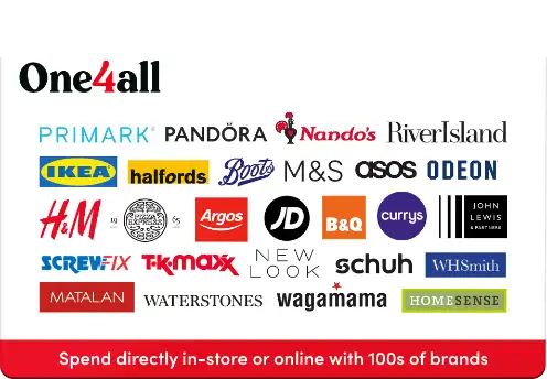 one4all gift card featuring multiple brand logos