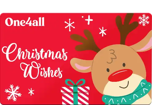 ONe4all Christmas wishes gift card featuring a red nosed reindeer a gift box and snowflakes