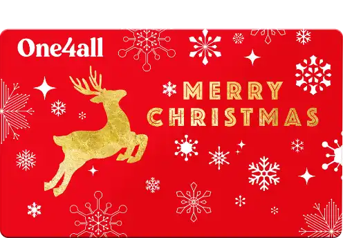 ONe4all Merry Christmas gift card featuring a flying reindeer and snowflakes
