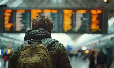Male wearing winter jacket and backpack looking up at departures board