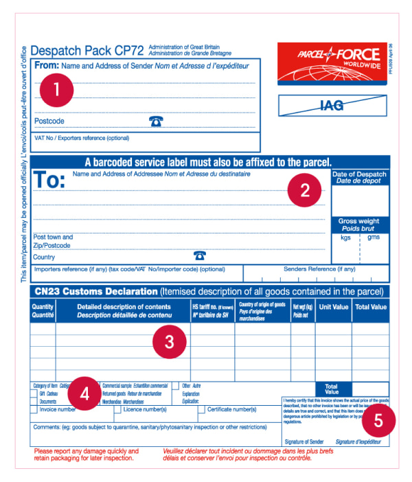 Example of the dispatch Pack CP72 form