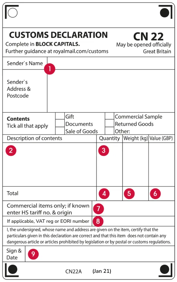 Example of the CN22 form