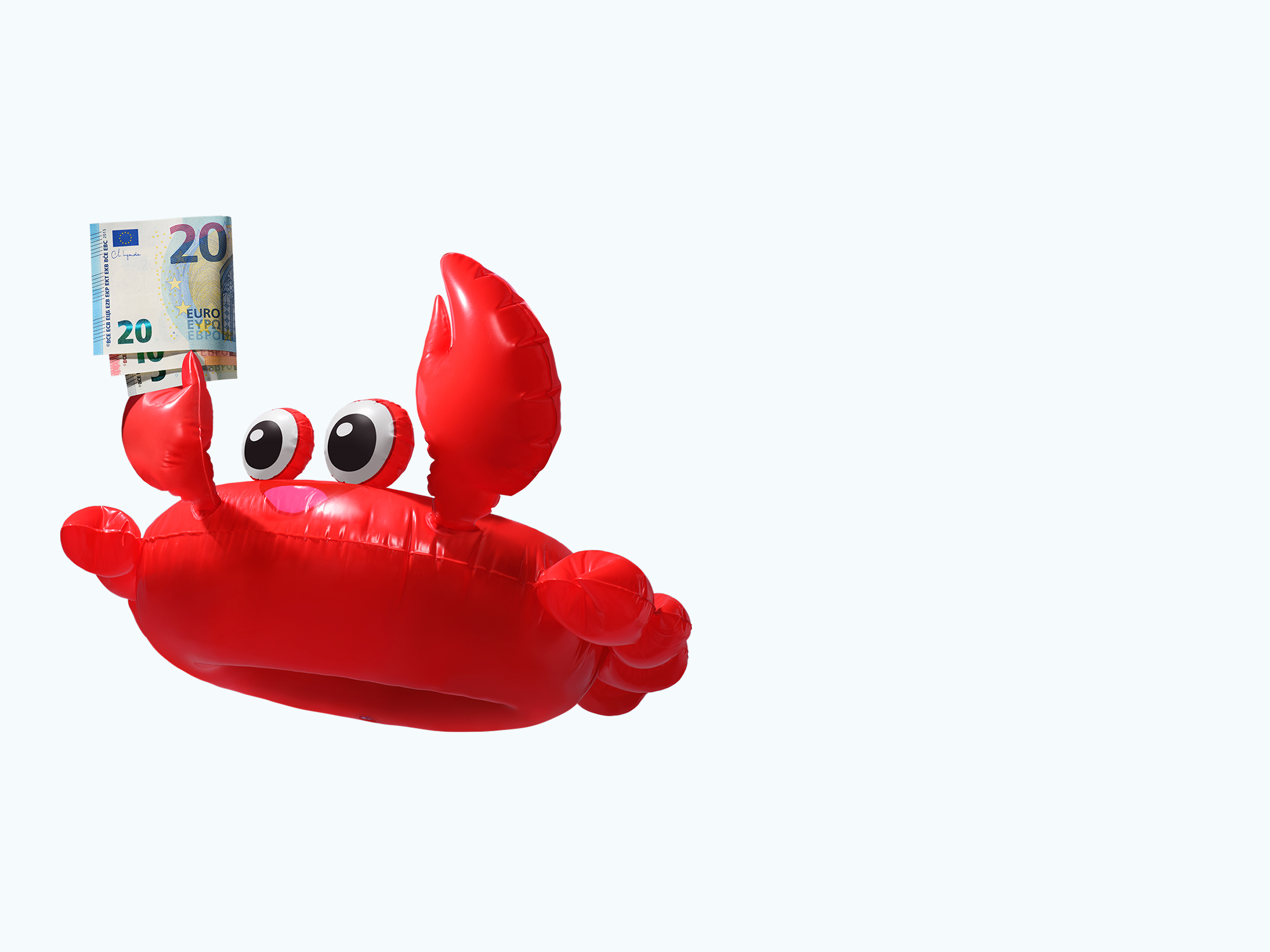 red crab inflatable with euro notes held aloft in its pincer