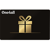 One4all gift card with a gold ribboned package on a black background