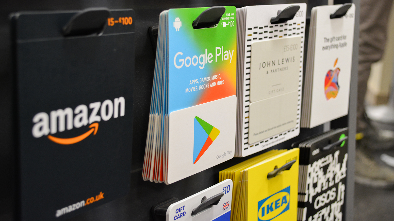 display rack showing online and high street retailer gift cards