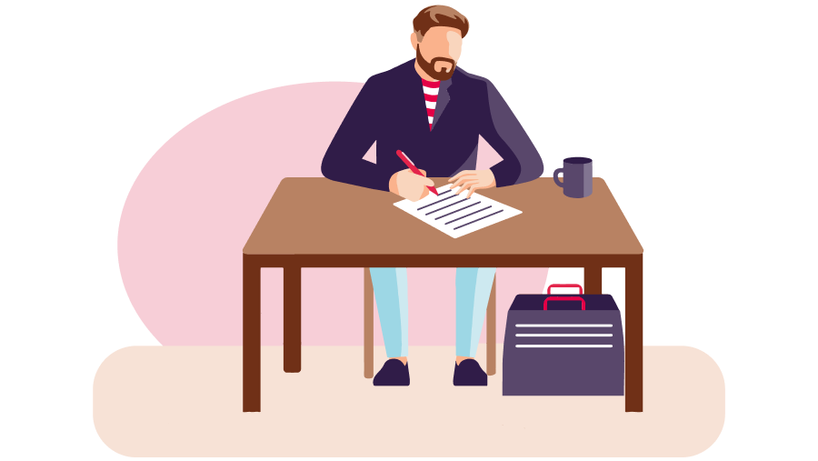 Illustration of a bearded male sat at a table filling out a form