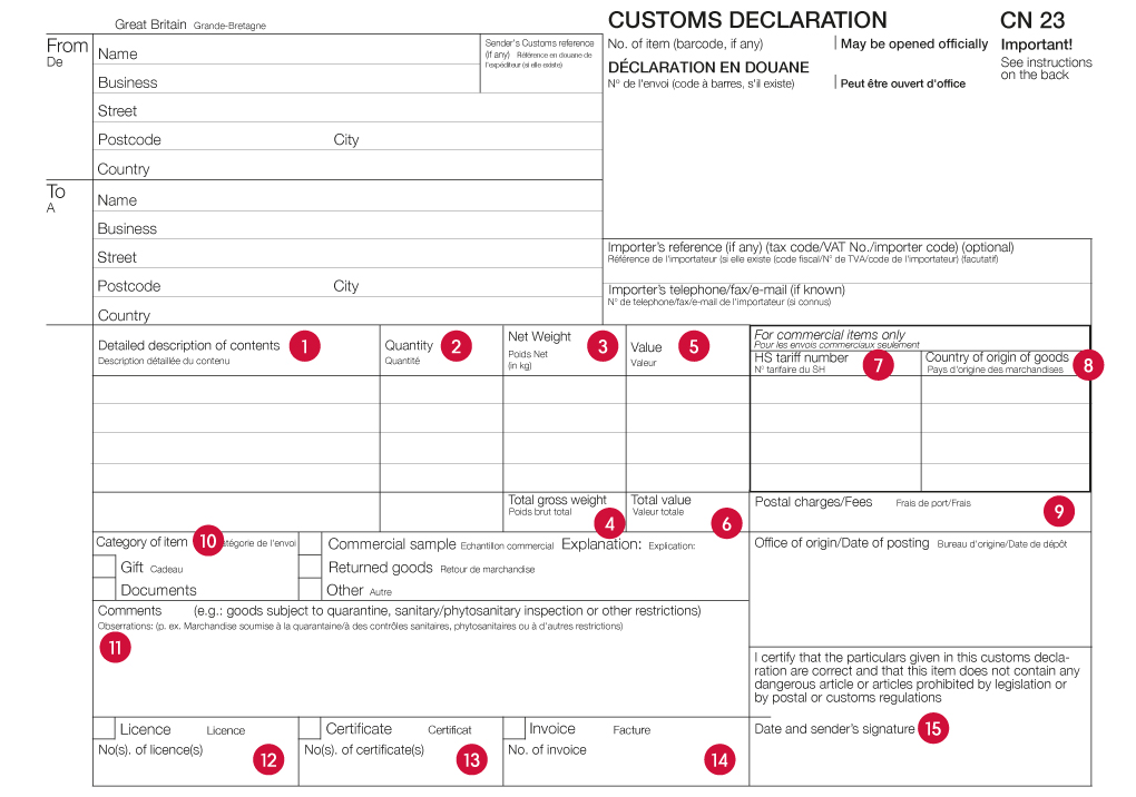 Example of the dispatch Pack CP23 form