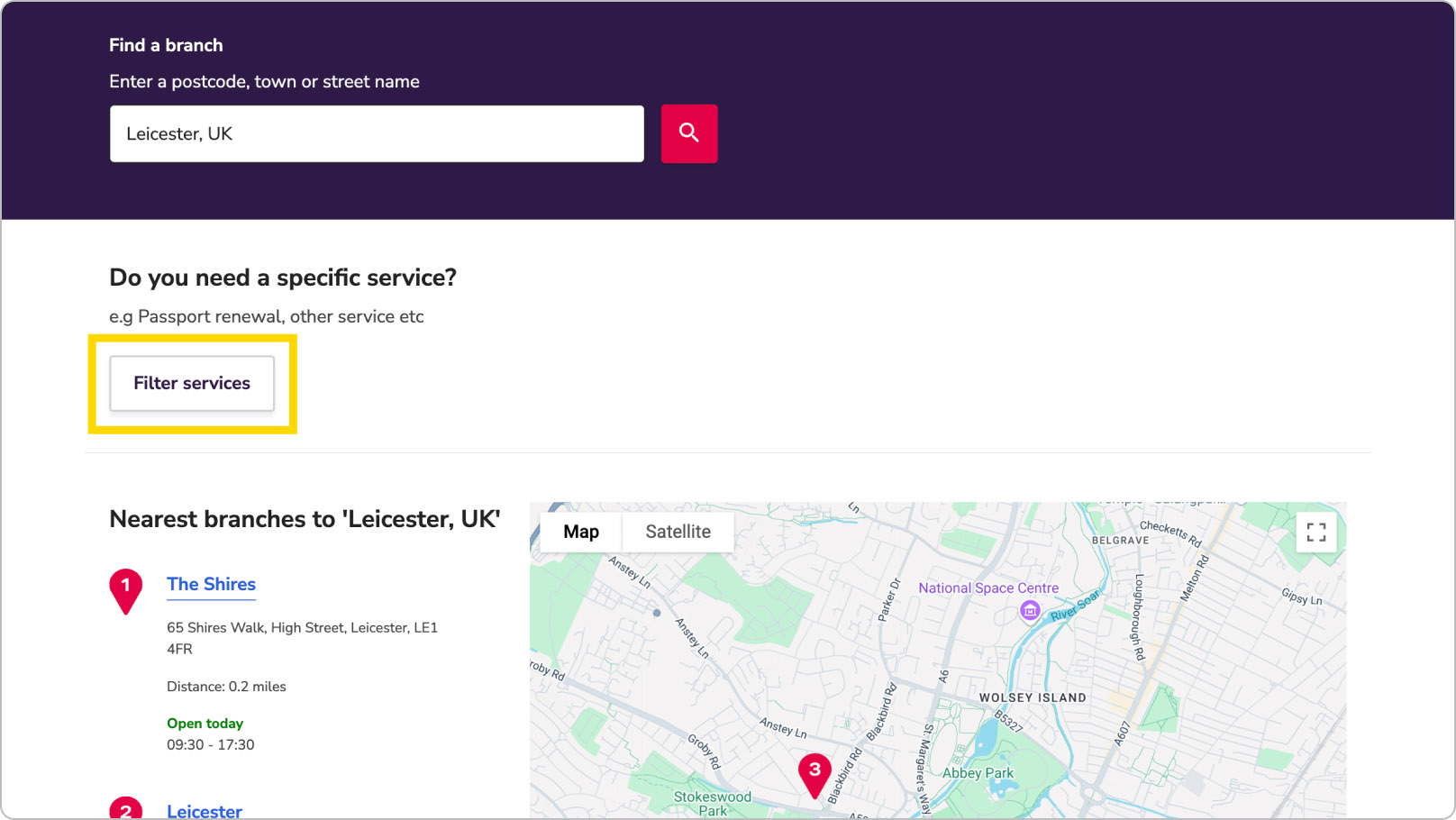 A map of branches based on the selection “Leicester” is shown. Above it, the question “Do you need a specific service?” and a button that reads “Filter services.”