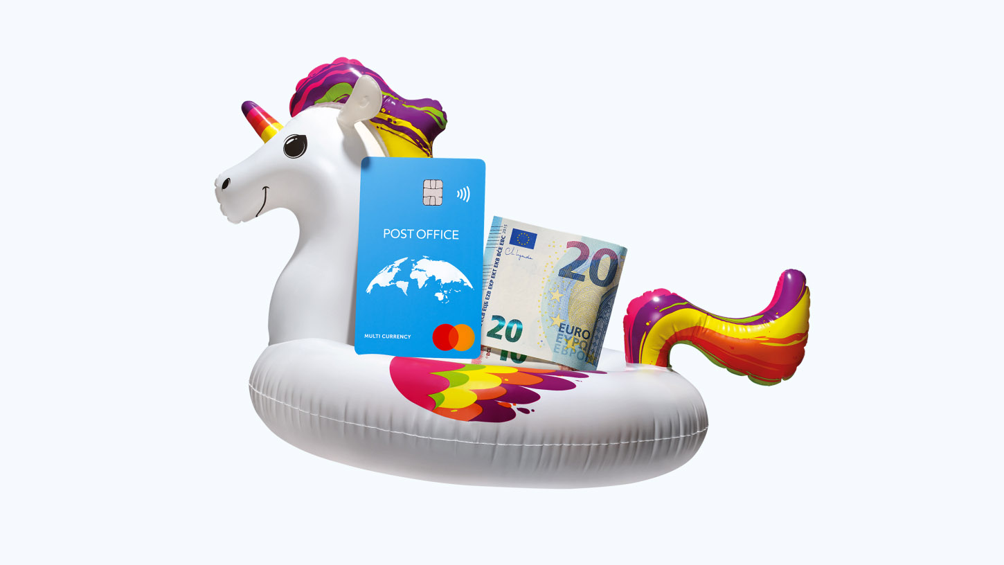 an inflated unicorn lilo carrying euros and a travel money card from post office