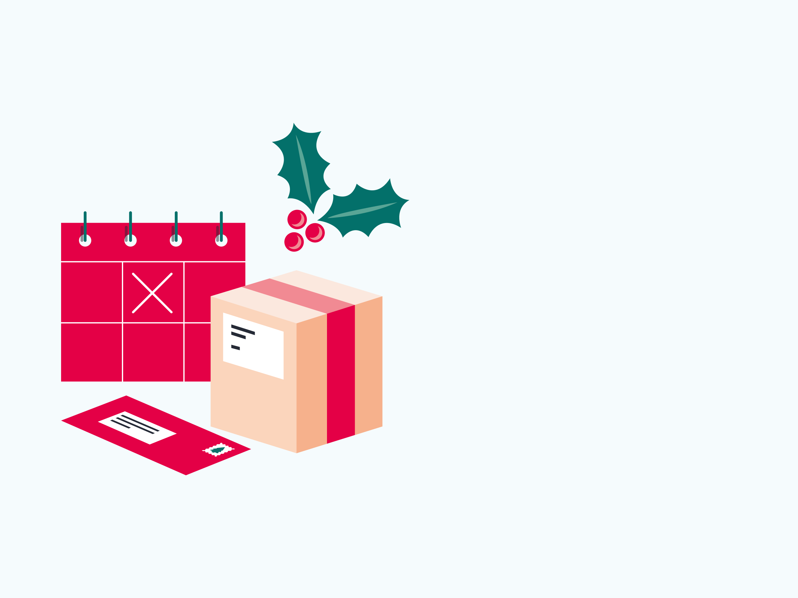 an assemblage of a red flip calendar, letter and parcel accented with a sprig of holly