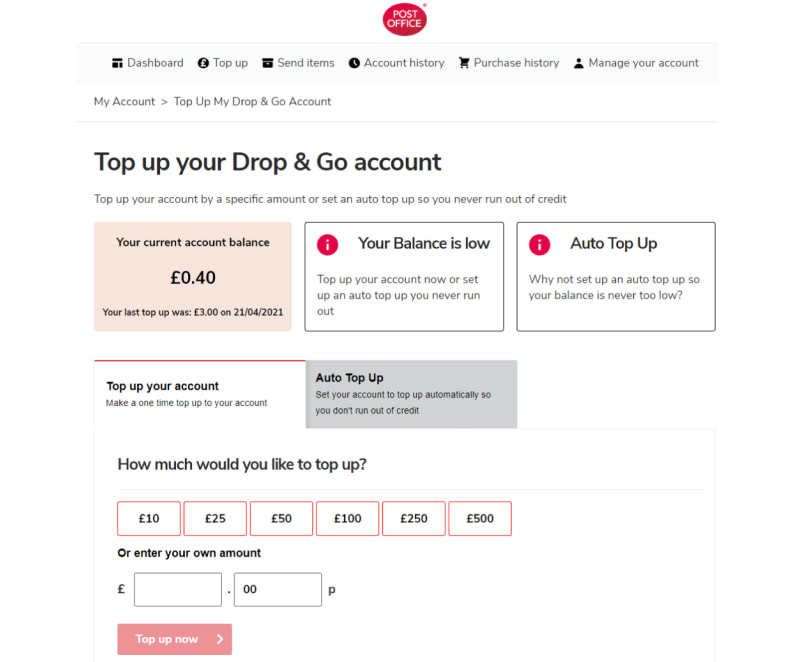 Screengrab of the Top up your drop & go account area