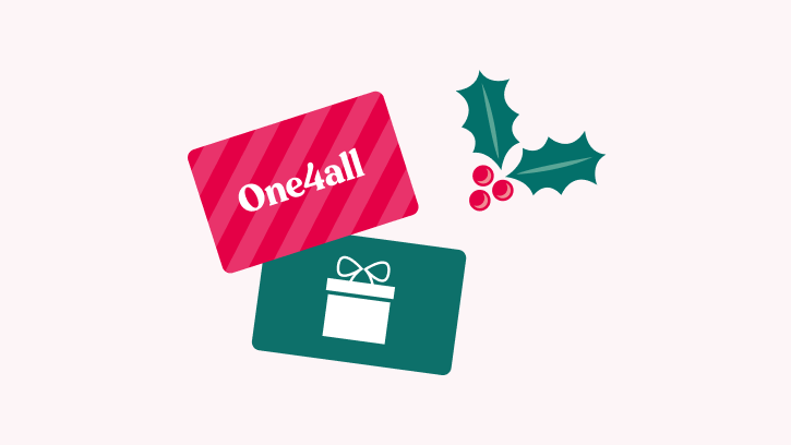 two gift cards a red one labelled One4all and a green one with a white package featured and a sprig of holly