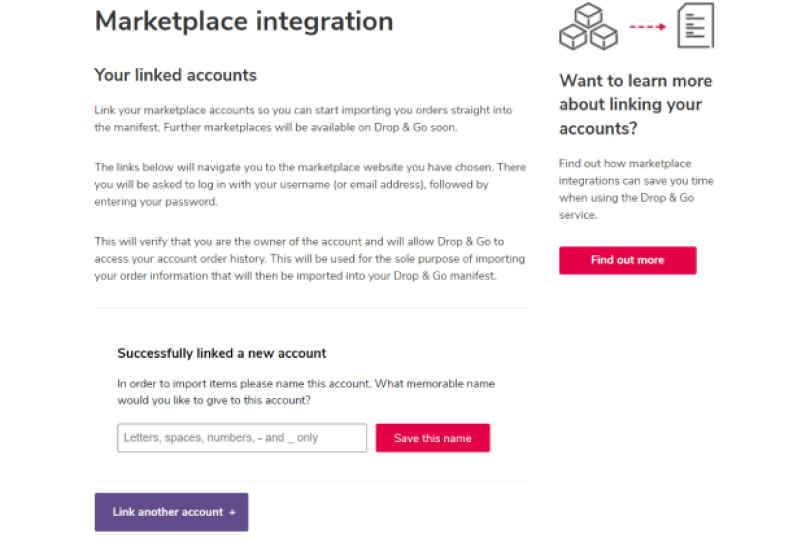 Screenshot of the 'Marketplace Integration' screen showing accounts have been linked