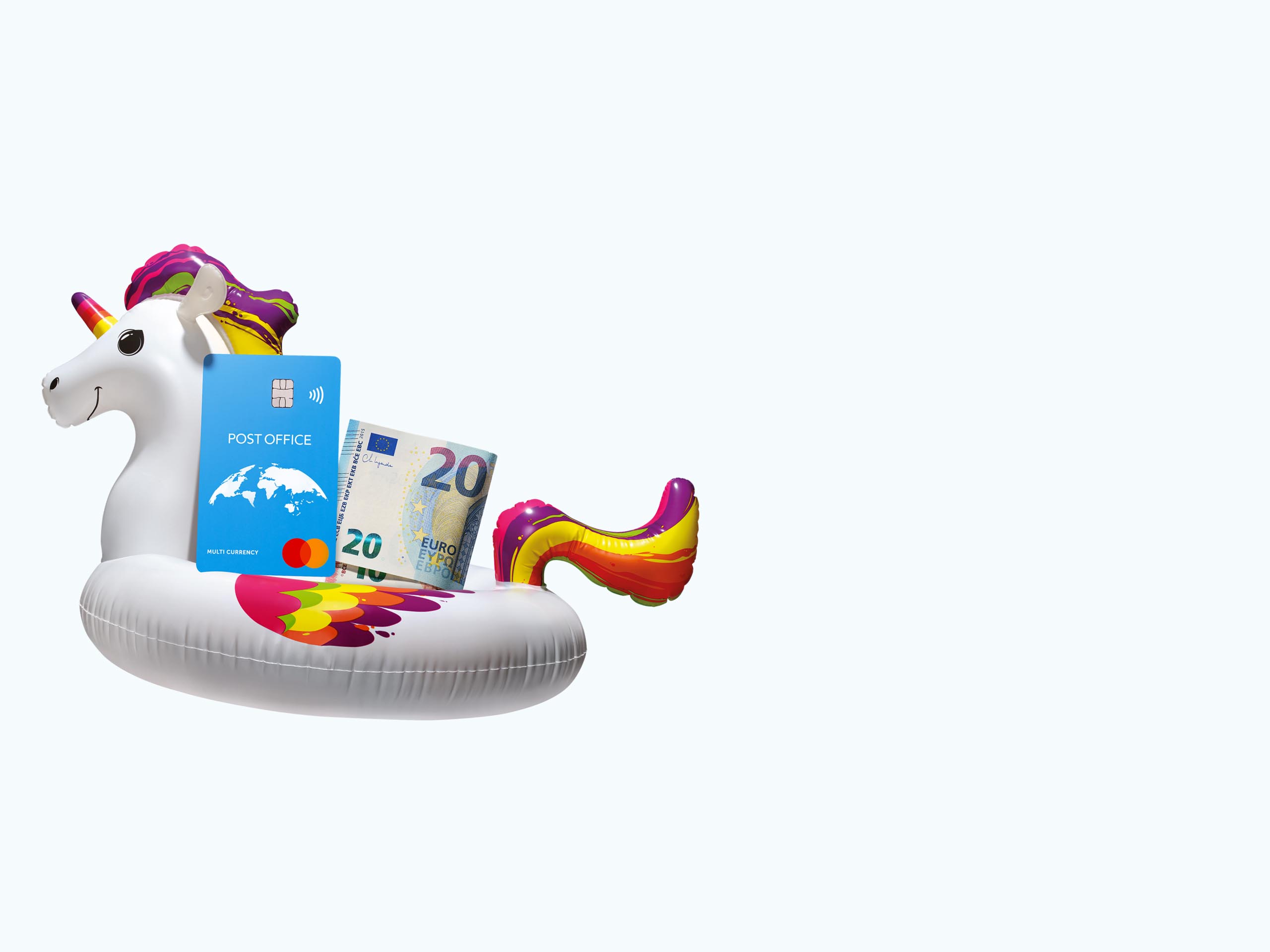 an inflated unicorn lilo carrying euros and a travel money card from post office