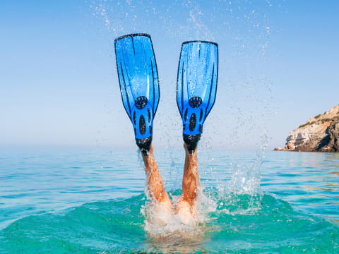 pair of blue diving fins sticking out of the blue water near a rocky shoreline