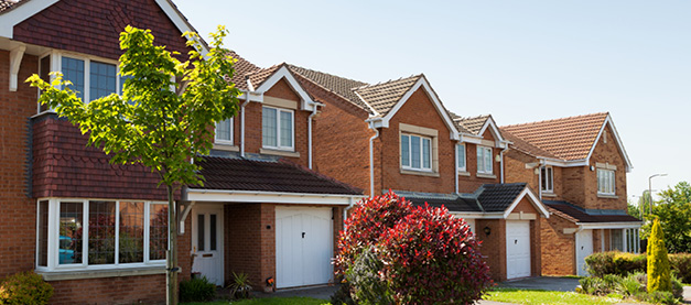 Rows of brick houses with small trees in front