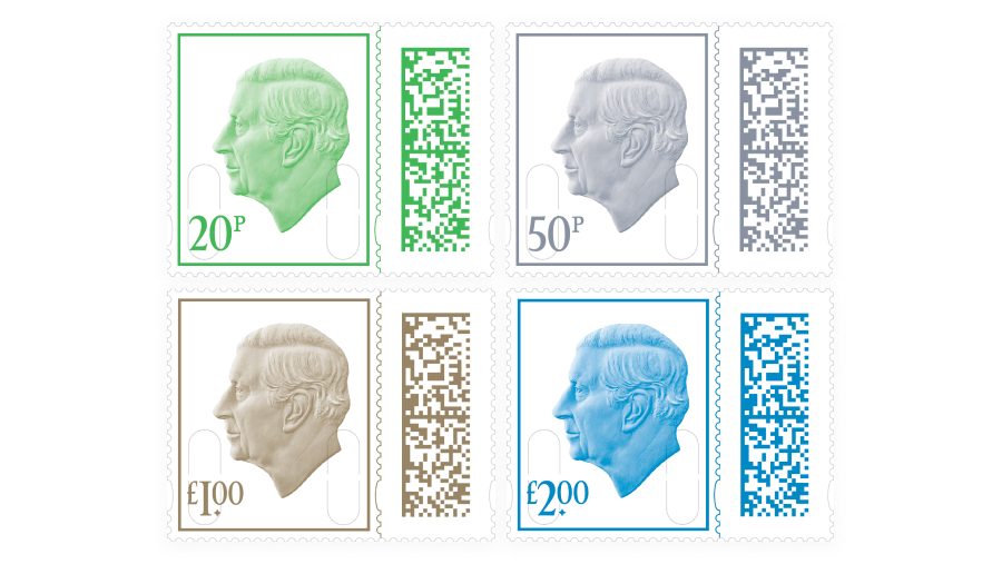 Four different barcoded stamps of varying classes with the head of King Charles III on them