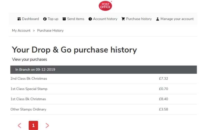 Screenshot of the Drop & Go purchase history screen