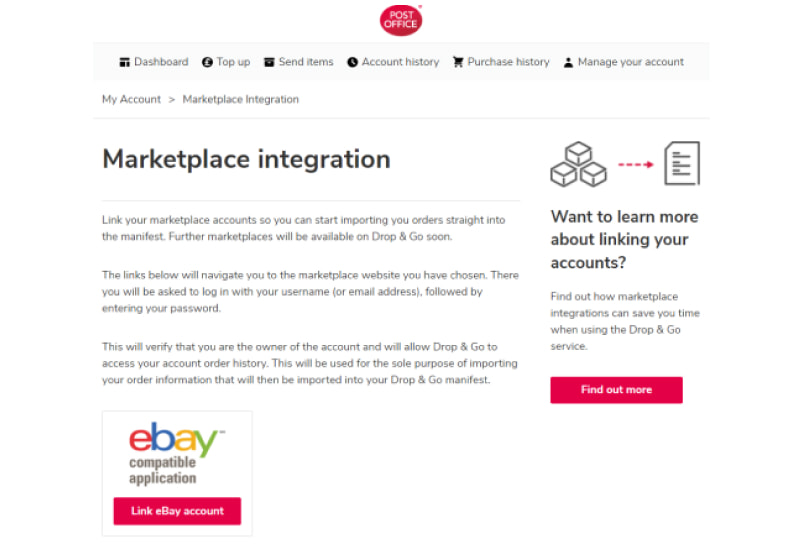 Screenshot of the 'Marketplace Integration' screen with the eBay link option showing