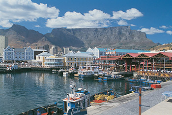View of the harbor on a sunny blue day, with a backdrop of the mountain