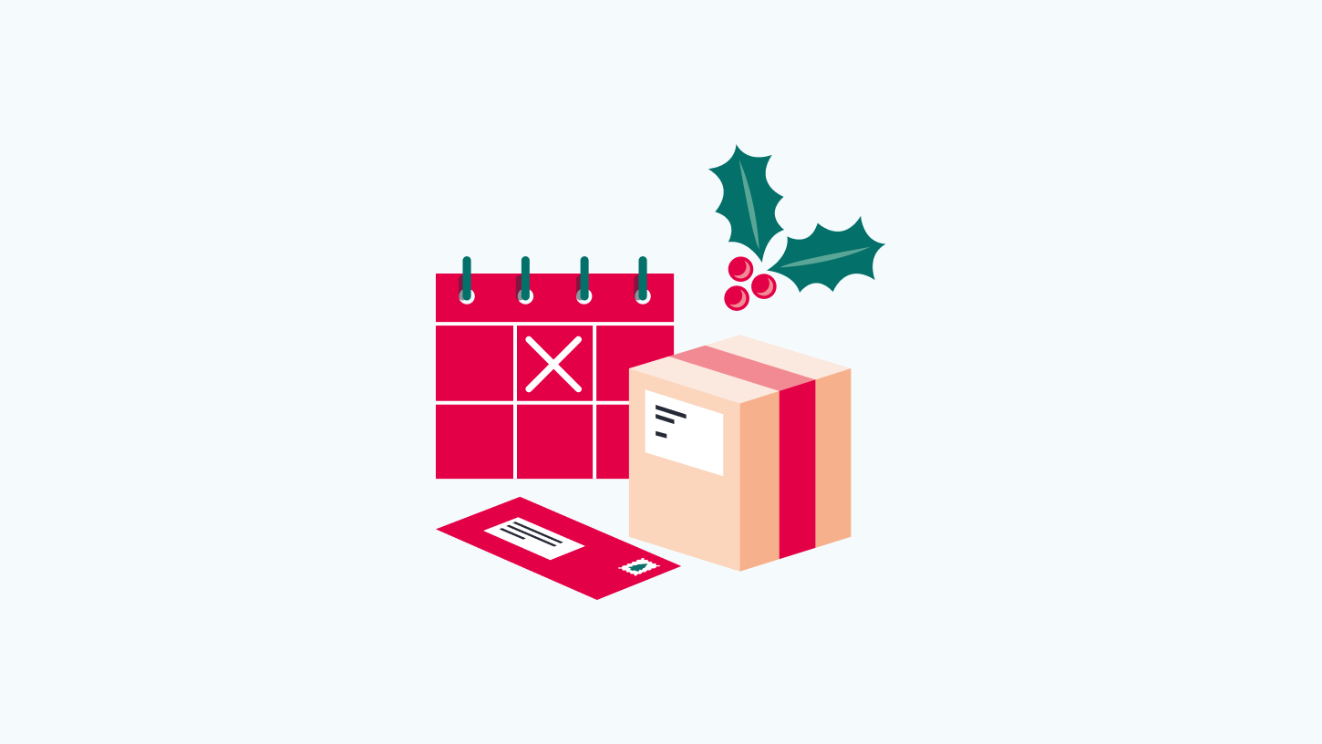 an assemblage of a red flip calendar, letter and parcel accented with a sprig of holly