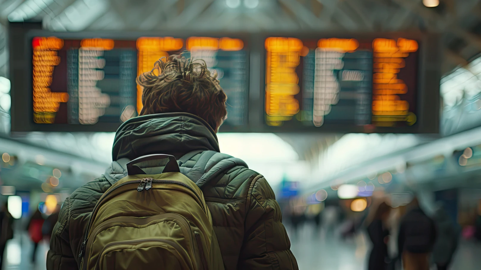Male wearing winter jacket and backpack looking up at departures board
