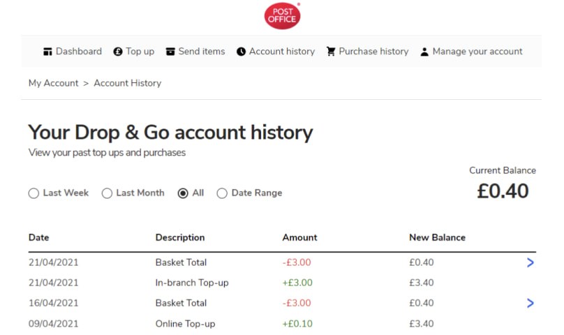 Screenshot of the Drop & Go account history screen