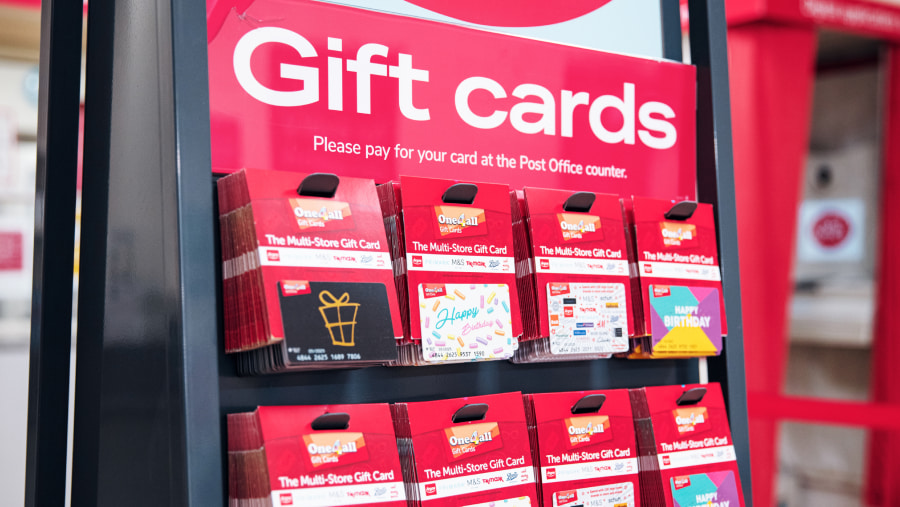 Point of sale for various gift cards on sale at a Post Office branch