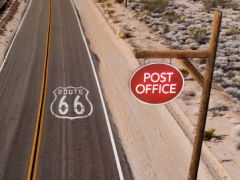 travel money, route 66, road, post office sign on pole