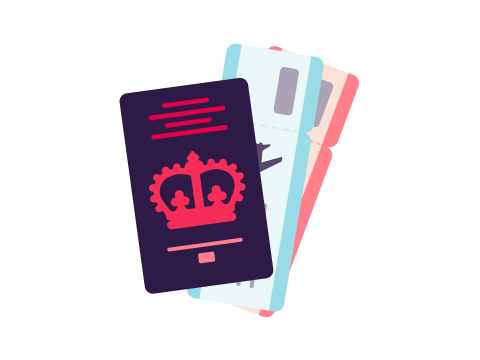 an illustration of a UK passport and a paper airline ticket