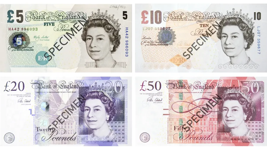 Visual of withdrawn £5, £10, £20 & £50 banknote specimens