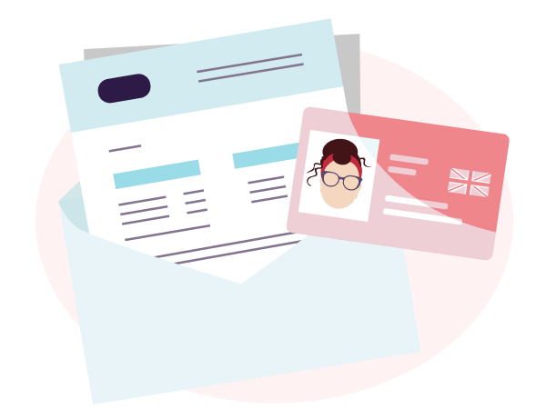 Illustration of driving licence and renewal forms sat inside an unsealed envelope