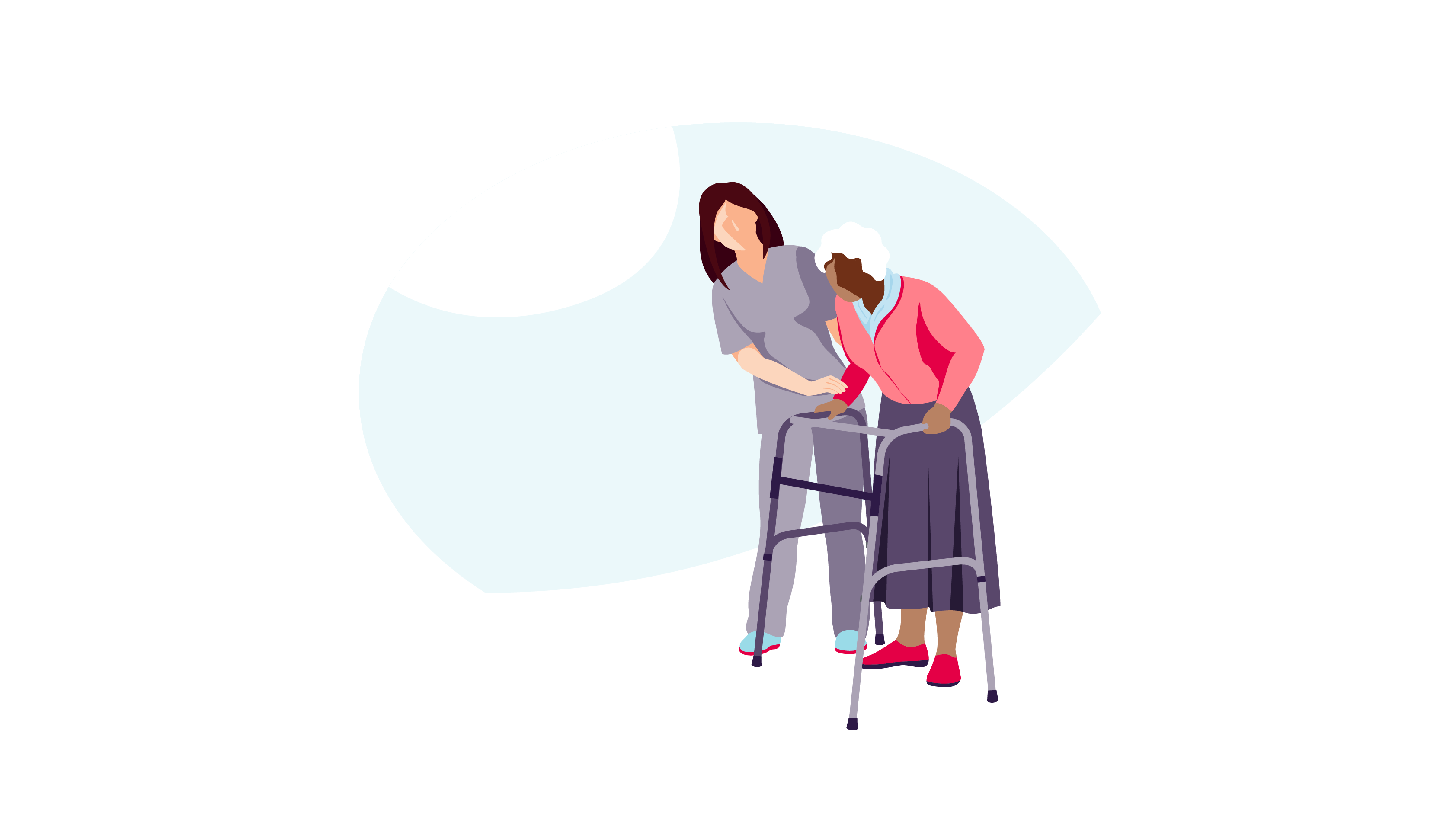 a person helps an elderly woman walk
