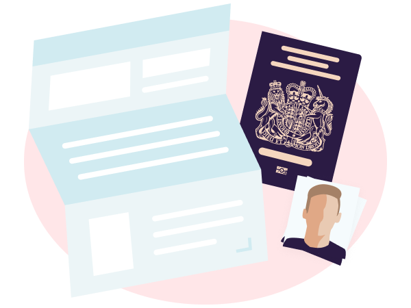 Illustration of id photos, forms and a passport