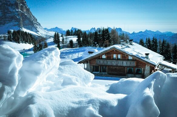 Chalet in mountains surrounded by snow and trees 